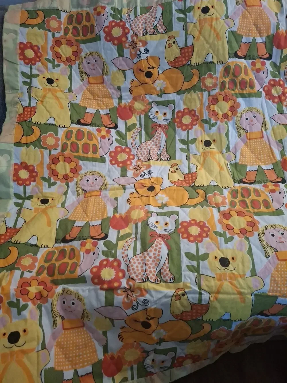 Vintage 1970’s Retro Coverlet Handmade Cutter Yellow Green Orange 41 X 72 Ĺ